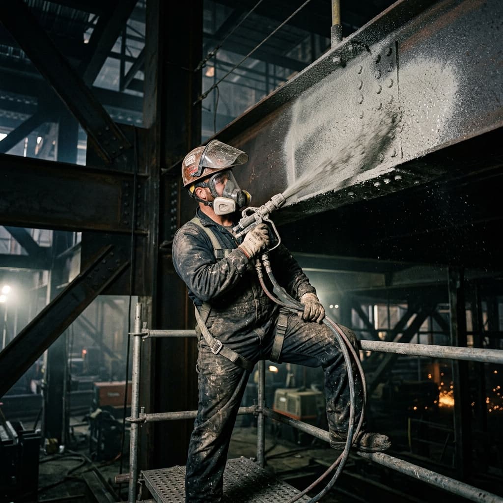 NL Fireproofing specialist applying SFRM to structural steel with precision, dramatic industrial lighting