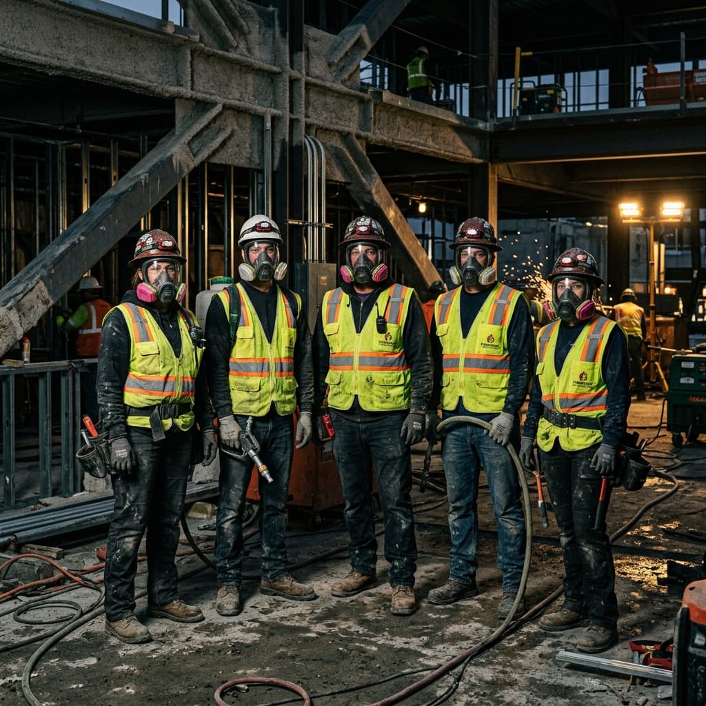 NL Fireproofing certified crew in full PPE preparing for SFRM application on a structural steel frame