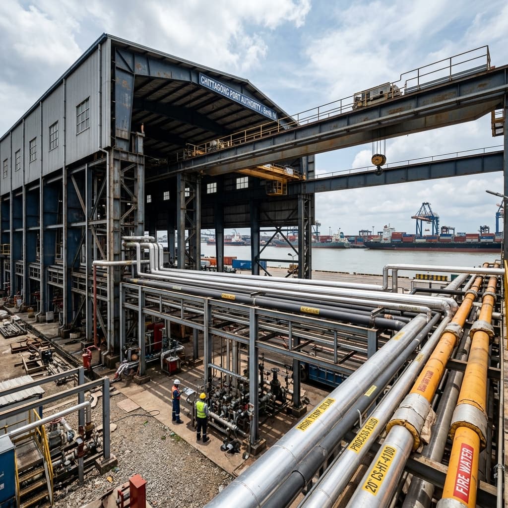 Chittagong Port Warehouse — high-temperature coatings applied to process pipework and structural steelwork