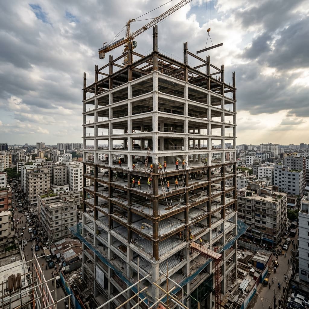 Gulshan Corporate Tower — 24-floor structural steel frame with SFRM fireproofing applied to beams and columns