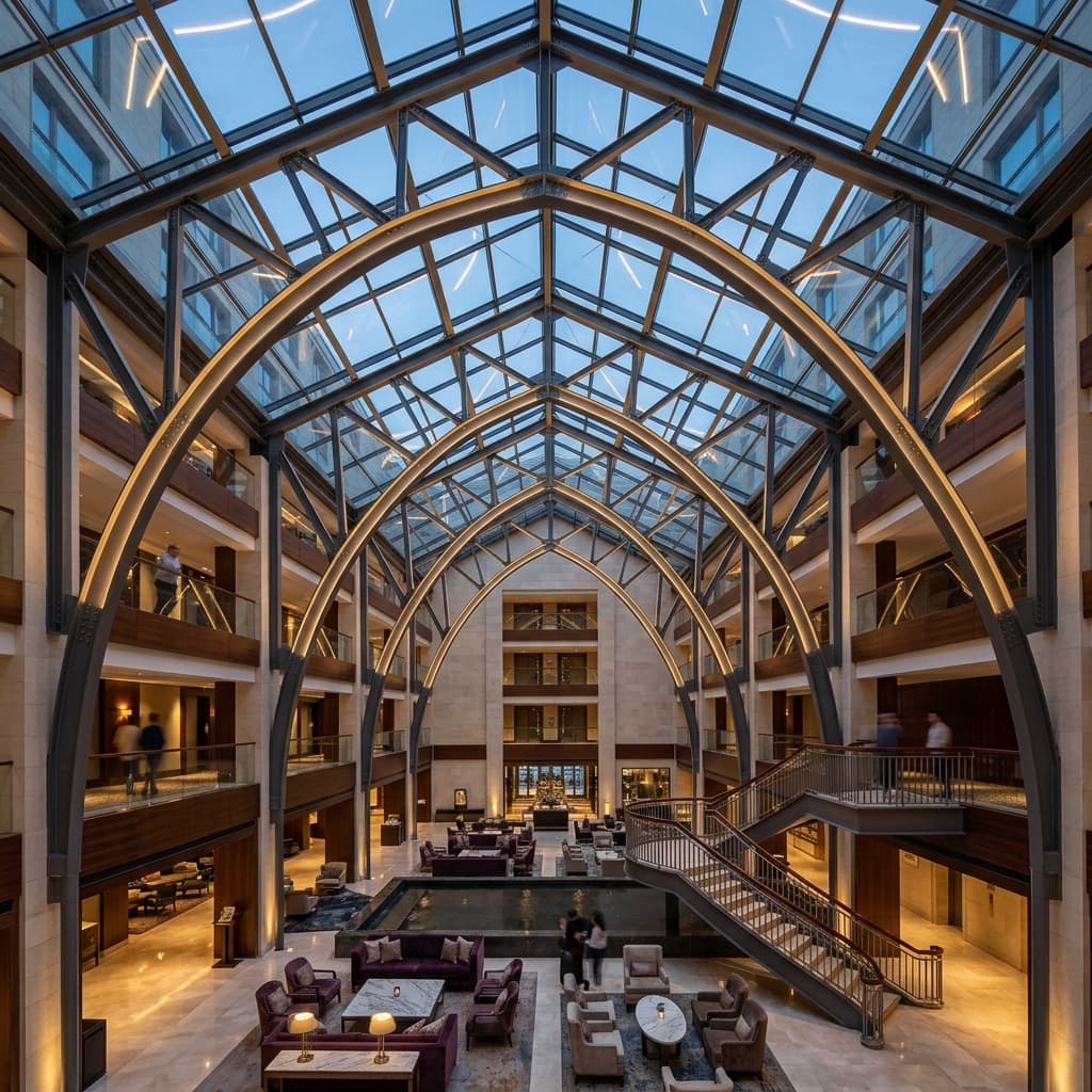 Radisson Hotel Expansion — thin-film intumescent coating on exposed feature steelwork in hotel atrium