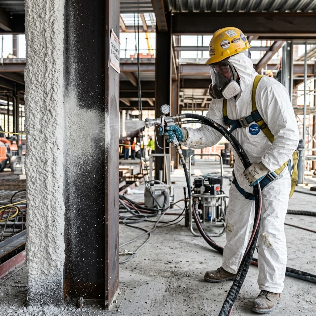 Certified applicator spray-applying cementitious SFRM to a structural steel column at correct rated thickness