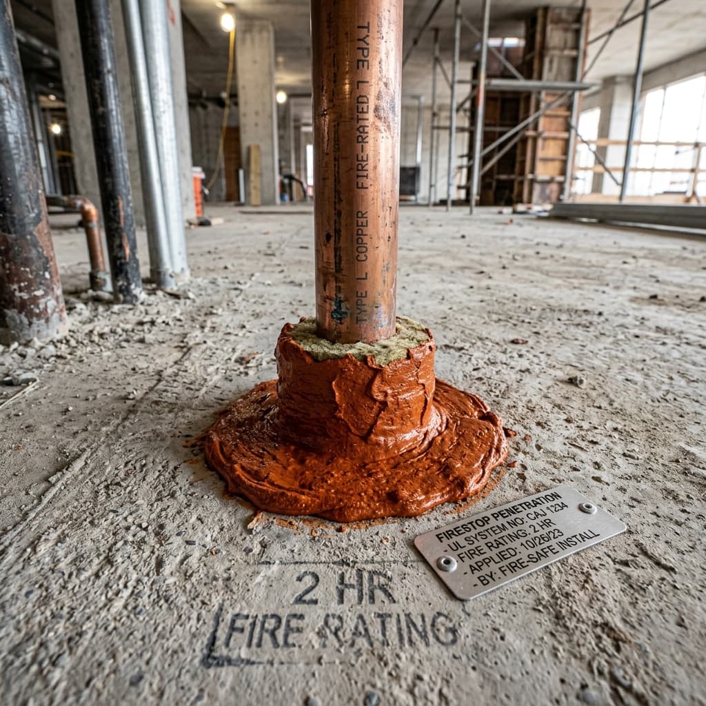 Intumescent firestop sealant applied around MEP pipe penetration through a fire-rated concrete floor assembly