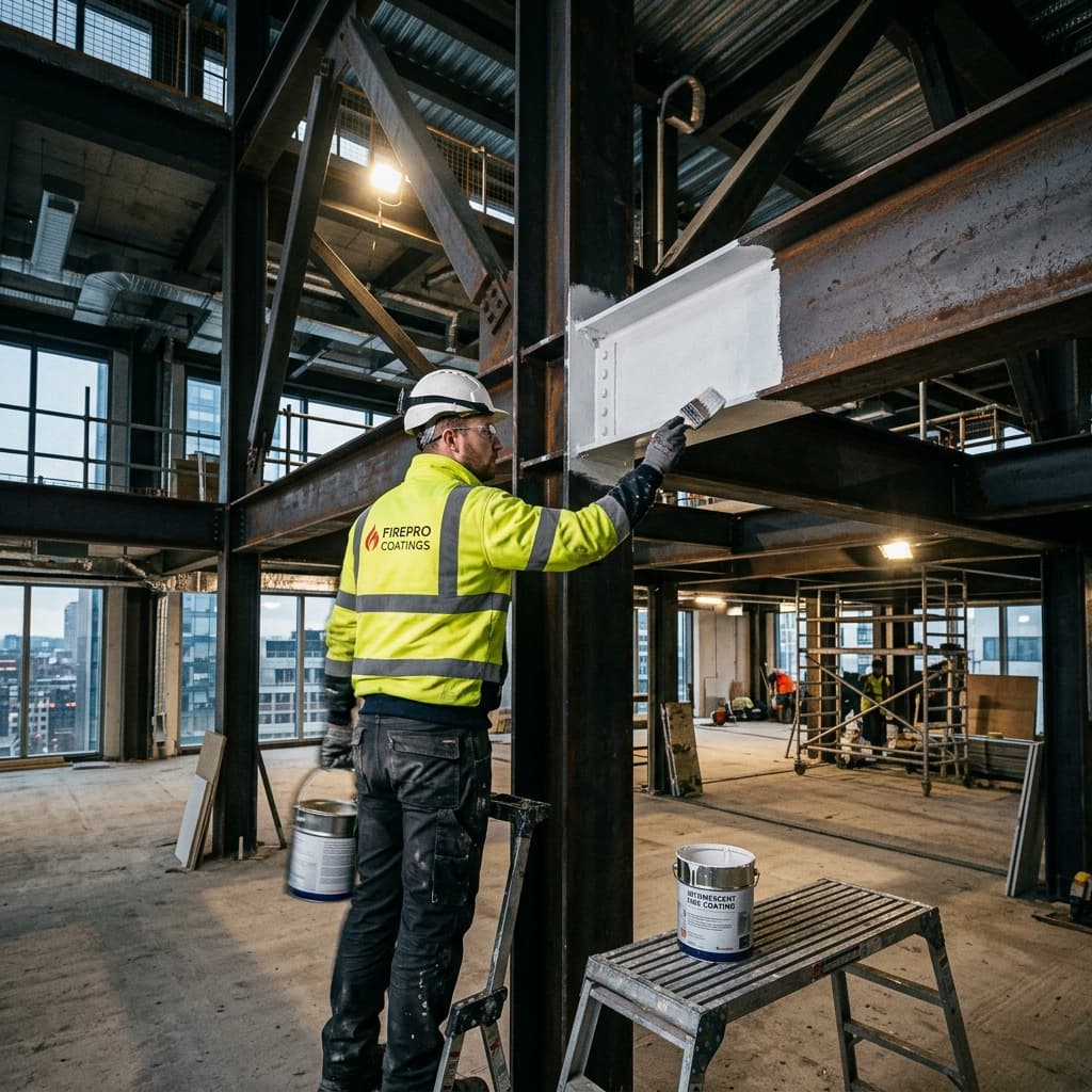 Thin-film intumescent coating applied to exposed architectural structural steel in a building atrium